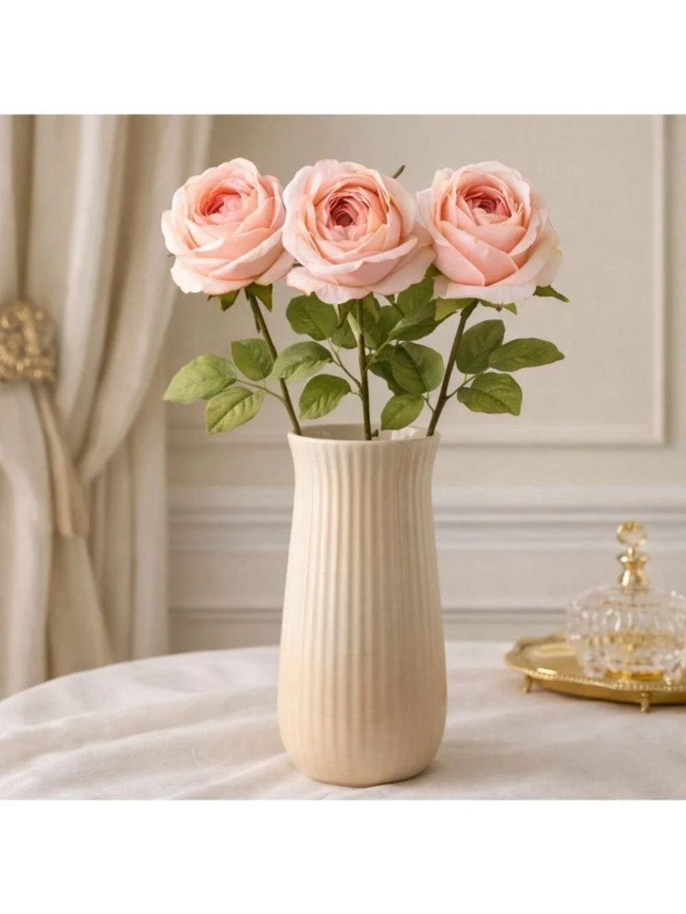 Blush Pink Artificial Roses Set Of 3 Fake Flower Stems Silk Roses Long Stem Wedd